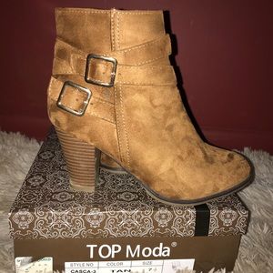 Tan criss cross belt booties